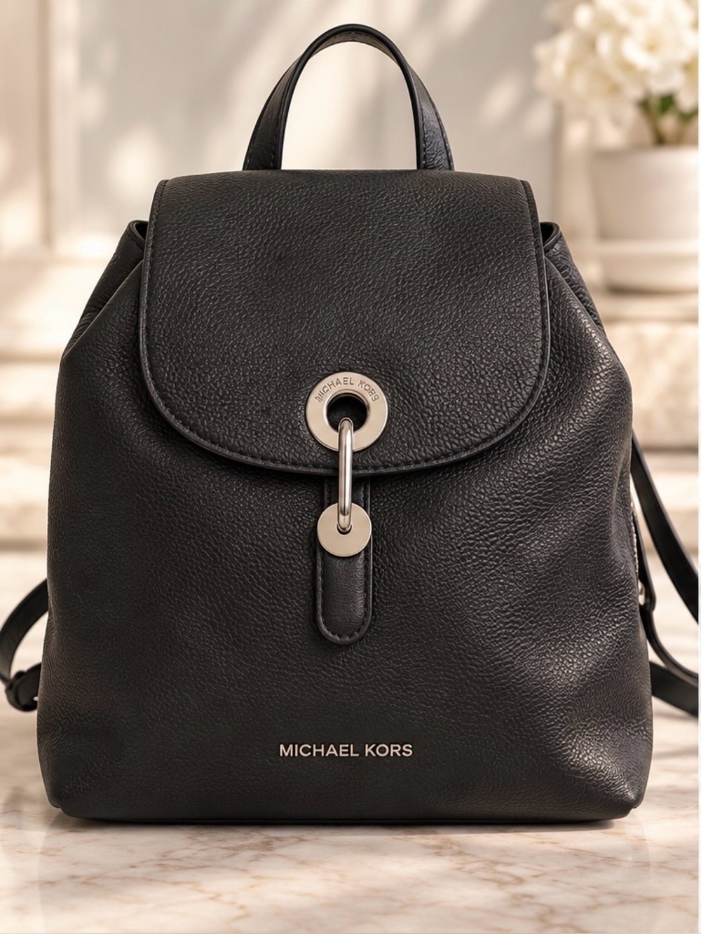 Michael Kors Raven Medium Black Pebbled Leather Backpack Silver Hardware